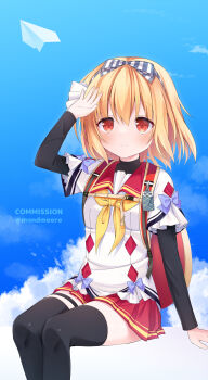 1girl absurdres aoi_sora_no_camus backpack bag black_thighhighs blonde_hair blue_sky blush bow bowtie camus_in_the_blue_sky highres komitani_rin red_eyes rnond school_uniform serafuku short_hair sitting sky smile thighhighs