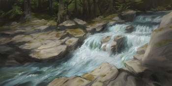 boulder commentary day english_commentary forest highres landscape leaf nature no_humans original outdoors painterly painting_(medium) philipp_urlich river rock scenery sunlight traditional_media tree water