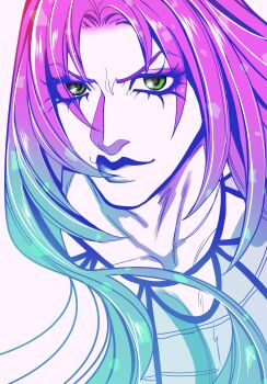 Rule 34 | 1boy, absurdres, bishounen, blue lips, commentary request, diavolo, fishnet top, fishnets, gradient hair, green eyes, green hair, highres, jojo no kimyou na bouken, limited palette, long hair, looking at viewer, makeup, male focus, multicolored hair, pink hair, portrait, sayuri28050, solo, spotted hair, vento aureo
