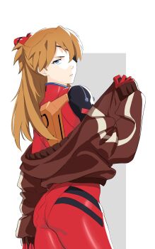 1girl :/ absurdres ass blue_eyes bodysuit breasts brown_hair curvy eyepatch hair_between_eyes hghwaytohell highres interface_headset_(evangelion) jacket long_hair looking_at_viewer looking_back mecha_pilot_suit neon_genesis_evangelion open_clothes open_jacket plugsuit_(evangelion) rebuild_of_evangelion red_bodysuit serious shiny_clothes skin_tight solo souryuu_asuka_langley track_jacket tsundere very_long_hair wide_hips