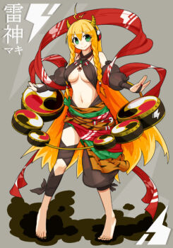 Rule 34 | 1girl, ahoge, barefoot, blonde hair, braid, breasts, closed mouth, commentary request, drum, horns, instrument, jewelry, long hair, mitsudomoe (shape), necklace, orange eyes, peru co, solo, striped horns, tomoe (symbol), tsurumaki maki, twin braids, voiceroid