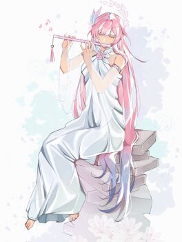 Rule 34 | 1girl, aqua hair, barefoot, breasts, commentary, cyrene (demiurge) (honkai: star rail), cyrene (honkai: star rail), dress, earrings, flute, hair ornament, highres, holding, holding flute, holding instrument, honkai: star rail, honkai (series), instrument, jewelry, long hair, medium breasts, mewdei, multicolored hair, music, musical note, pink hair, playing flute, playing instrument, solo, toes, untranslatable commentary, very long hair, white dress, white hair