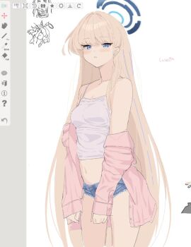 1girl art_program_in_frame blonde_hair blue_archive blue_eyes camisole cowboy_shot denim denim_shorts halo jacket jacket_partially_removed long_hair looking_at_viewer micro_shorts multicolored_hair okimiyage_(oitekuze_kore) pink_jacket shorts simple_background sketch solo streaked_hair toki_(blue_archive) white_background white_camisole