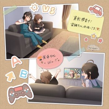 2girls aged_down brown_hair controller couch game_controller holding holding_controller holding_game_controller hoshii_miki idolmaster idolmaster_(classic) indoors meno_(imas_ll) mother_and_daughter multiple_girls on_couch photo_(object) photo_album playing_games ponytail sitting sticker television translation_request