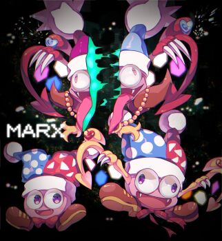 bisected black_background bow bowtie brown_footwear character_name claws crazy fangs hat highres jester_cap jewelry kirby_(series) marx_(kirby) marx_(true_form)_(kirby) nagatsukiariake necklace nintendo no_humans open_mouth purple_eyes red_bow red_bowtie red_ribbon ribbon tongue tongue_out two-tone_hat wings