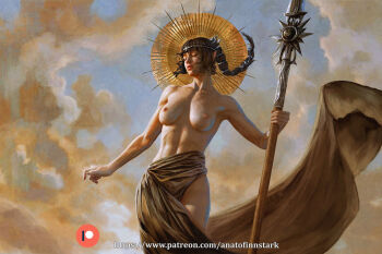 Rule 34 | 1girl, anato finnstark, baldur's gate, baldur's gate 3, black hair, breasts, circlet, cloud, cloudy sky, commentary, dungeons & dragons, dungeons &amp; dragons, english commentary, halo, holding, holding polearm, holding weapon, large breasts, nipples, polearm, ponytail, realistic, sash, shadowheart (baldur's gate), sky, solo, spear, topless female, weapon