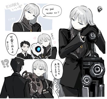 1girl angelica_(project_moon) argalia_(project_moon) black_gloves black_jacket blue_eyes character_doll closed_mouth collared_shirt distortion_(project_moon) doll gloves greatsword highres jacket lapels library_of_ruina long_hair long_sleeves notched_lapels project_moon rai_(r2718281) roland_(project_moon) shirt silver_trim simple_background smile speech_bubble sword translated very_long_hair weapon white_background white_hair white_shirt