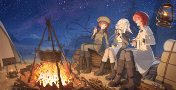 3girls :3 ^_^ absurdres ange_katrina ankle_boots arm_support backpack bag bird bird_on_lap blue_eyes blue_sky blunt_bangs blush bone boots bowl breasts brown_hair campfire camping closed_eyes coat commentary_request cooking cooking_pot cup dress embers fire firewood fish_(food) fishing_rod floating_hair flower fog food frilled_dress frills fur-trimmed_boots fur_trim green_coat green_hat green_pantyhose green_skirt grey_boots grey_coat grey_pantyhose hair_flower hair_intakes hair_ornament hair_scrunchie hand_up hands_up hat heterochromia highres holding holding_cup incredibly_absurdres inui_toko knee_boots knees_together_feet_apart lantern lize_helesta log long_hair long_sleeves low_twintails maousoshi medium_dress monocle mount_fuji multiple_girls night night_sky nijisanji official_alternate_costume open_mouth outdoors page_of_lambda pantyhose pestle red_eyes red_hair red_scrunchie roasted_sweet_potato sanbaka_(nijisanji) scrunchie sebastian_piyodore short_hair sidelocks sitting skirt sky small_breasts smile socks star_(sky) starry_sky steam steaming_cup sweet_potato tent tree triangle_hair_ornament twintails underbust unworn_backpack unworn_bag very_long_hair virtual_youtuber white_coat white_dress white_hair white_socks yellow_bird yellow_eyes