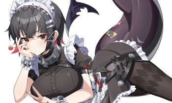 1girl :/ absurdres black_dress black_hair black_pantyhose breasts candy closed_mouth colored_inner_hair commentary_request cowboy_shot dress ellen_joe fins fish_tail food hairband head_rest highres holding holding_candy holding_food holding_lollipop korean_commentary large_breasts lollipop looking_at_viewer lying maid_headdress metal_hairband mole mole_on_arm mole_under_eye multicolored_hair on_side pantyhose razor_blade_hair_ornament red_eyes red_nails scar scar_on_tail shark_girl shark_tail short_hair simple_background sinigo01 solo spiked_headband tail v white_background zenless_zone_zero