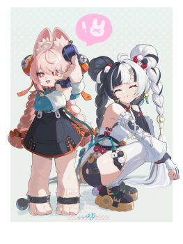 ! 2girls ahoge animal_ear_fluff animal_ears animal_feet bare_shoulders black_gloves black_hair black_shoes blue_background braid braided_twintails breasts bright_pupils china_dress chinese_clothes closed_eyes closed_mouth corded_phone criss-cross_straps detached_sleeves dialyn_(zenless_zone_zero) dotted_background double_bun dress earrings elbow_rest from_side full_body furry furry_female gloves green_shirt hair_bun hair_extensions hair_intakes hair_ornament hairclip head_rest highres holding holding_phone jewelry long_hair looking_to_the_side medallion multicolored_hair multiple_girls necktie open_mouth panda_hair_ornament partially_fingerless_gloves phone pink_fur pink_hair rabbit_ears rabbit_girl red_eyes ring_hair_extensions screw shirt shoes short_eyebrows shorts signature simple_background single_glove small_breasts smile split-color_hair spoken_animal spoken_exclamation_mark squatting talking_on_phone teeth thick_eyebrows thighhighs twin_braids two-tone_hair uixy upper_teeth_only watermark white_hair white_pupils white_sleeves white_thighhighs wire yellow_necktie zenless_zone_zero zhao_(zenless_zone_zero)