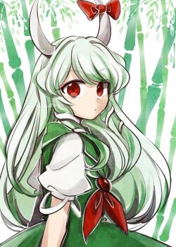 Rule 34 | 1girl, bamboo, bow, closed mouth, commentary request, dress, ex-keine, green dress, green hair, highres, horn bow, horn ornament, horns, kamishirasawa keine, long hair, looking at viewer, puffy short sleeves, puffy sleeves, red bow, red eyes, short sleeves, solo, tama (hiroshige 36), touhou, twitter username, very long hair