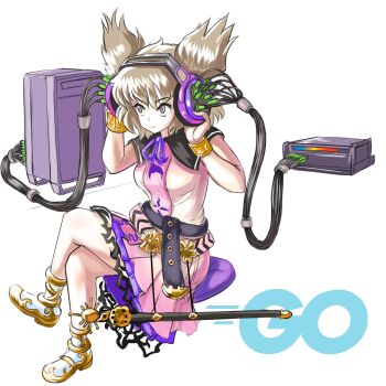 1girl belt black_belt black_sailor_collar blonde_hair bracelet breasts brown_eyes cable closed_mouth crossed_legs full_body gold_bracelet headphones highres jewelry machine medium_breasts medium_hair neck_ribbon pillow pink_shirt pink_skirt pointy_hair profitwalrus purple_ribbon ribbon sailor_collar sheath sheathed shirt sitting skirt sleeveless sleeveless_shirt smile solo sword touhou toyosatomimi_no_miko weapon