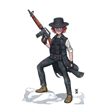 1girl ar-15 assault_rifle belt black_gloves black_hat black_vest blue_eyes boots determined dynamic_pose fallout fallout:_new_vegas full_body gloves gun hat highres holding holding_gun holding_weapon long_coat looking_at_viewer orange_hair ostwindprojekt outdoors pale_skin partially_fingerless_gloves post-apocalypse pouch rifle science_fiction serious short_hair sleeves_rolled_up standing standing_on_rock utility_belt vest weapon