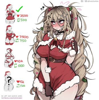 1girl ? ?? absurdres bell belt belt_buckle black_choker blonde_hair blush breasts brown_belt brown_gloves buckle capelet choker christmas cleavage cleavage_cutout closed_mouth clothes_writing clothing_cutout commentary cowboy_shot dokidomiki dress dress_tug earrings embarrassed english_commentary fingernails fur-trimmed_capelet fur-trimmed_dress fur-trimmed_headwear fur_trim gloves hair_between_eyes hair_ornament hand_up heart highres jewelry jingle_bell large_breasts long_fingernails long_hair looking_to_the_side messy_hair miki_(dokidomiki) mole mole_on_thigh mole_under_eye nail_polish original pink_eyes pink_nails pom_pom_(clothes) red_capelet red_dress red_ribbon ribbon santa_costume santa_dress simple_background solo star_(symbol) star_hair_ornament sweat twitter_strip_game very_long_hair white_background