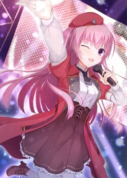 Rule 34 | 1girl, ;d, arm up, beret, black necktie, blunt bangs, blunt ends, blush, boots, brown boots, brown skirt, coat, collared shirt, commentary, concert, cowboy shot, dutch angle, floating hair, frilled skirt, frills, hand up, hat, high-waist skirt, highres, holding, holding microphone, lace-up boots, long hair, long sleeves, looking ahead, microphone, mitsukasa ayase, necktie, obsidiaki, one eye closed, open clothes, open coat, open mouth, pantyhose, pink hair, pinky out, purple eyes, red coat, red hat, riddle joker, shirt, short necktie, sidelocks, skirt, smile, solo, stage, standing, standing on one leg, teeth, upper teeth only, very long hair, white pantyhose, white shirt