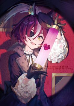 1girl :d absurdres animal_ears black_gloves botantouki commentary_request eyepatch gloves highres holding horse_ears horse_girl looking_at_viewer multicolored_hair open_mouth purple_hair short_hair single_hair_streak smile solo spotlight streaked_hair tanino_gimlet_(applause_of_fortuna)_(umamusume) tanino_gimlet_(umamusume) umamusume upper_body v-shaped_eyebrows watermark yellow_eyes