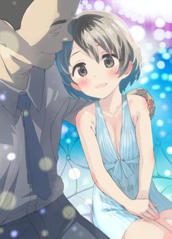 1boy 1girl absurdres age_difference blue_dress blush breasts brown_hair cleavage collared_shirt commentary_request dress grey_eyes hand_on_another&#039;s_shoulder hands_on_lap hetero highres idolmaster idolmaster_cinderella_girls loli looking_at_another necktie open_mouth saeki_tatsuya sasaki_chie shirt short_hair side-by-side sitting small_breasts
