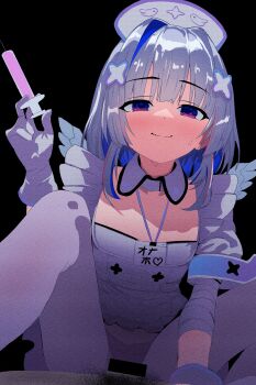 1boy 1girl absurdres amane_kanata amane_kanata_(nurse) bandaged_arm bandages bar_censor black_background blue_hair censored closed_mouth colored_inner_hair commentary cowgirl_position detached_collar dress english_commentary gloves grey_hair hat highres holding holding_syringe hololive lanyard looking_at_viewer male_pubic_hair medium_hair mini_wings multicolored_hair nurse_cap pantyhose pink_eyes pov pubic_hair puffy_short_sleeves puffy_sleeves sex short_sleeves single_hair_intake smile straddling sweat syringe vaginal virtual_youtuber white_dress white_gloves white_pantyhose wings xtc