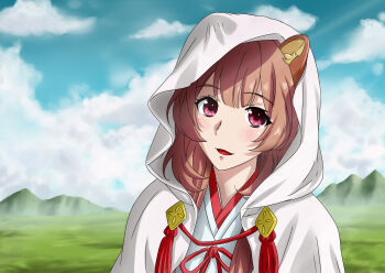 1girl :d absurdres animal_ears blue_sky blunt_bangs blush brown_hair cloak cloud cloudy_sky day highres hood hood_up hooded_cloak long_hair looking_at_viewer missing_commentary mountainous_horizon neck_tassel official_alternate_costume open_mouth outdoors portrait purple_eyes raccoon_ears raccoon_girl raphtalia rinkok sky smile solo tassel tate_no_yuusha_no_nariagari white_cloak white_kosode