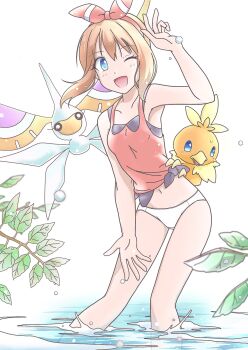 1girl ;d blue_eyes bow branch breasts brown_hair gen_3_pokemon hair_bow hand_up highres inori_(pokemoart) masquerain may_(pokemon) navel nintendo one_eye_closed open_mouth panties pokemon pokemon_(creature) red_bow red_shirt shirt sleeveless sleeveless_shirt small_breasts smile torchic underwear wading water water_drop white_panties