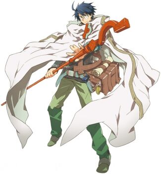 Rule 34 | 10s, ahoge, bag, black hair, black shirt, cape, glasses, green pants, hara kazuhiro, holding, log horizon, male focus, official art, pants, shiroe (log horizon), shirt, simple background, solo, spiked hair, staff, white background