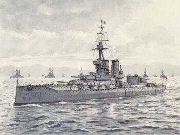 6+boys atelier_bono battleship cannon cloud commentary_request flag highres hms_iron_duke_(battleship) military_uniform military_vehicle multiple_boys naval_uniform naval_working_uniform ocean original outdoors painting_(medium) revision royal_navy ship ship_turret sky smokestack traditional_media vehicle_focus warship watercolor_(medium) watercraft white_ensign