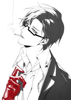 1boy adjusting_clothes adjusting_necktie black_hair black_jacket broken_necklace chain chain_necklace chinese_commentary cigarette collared_shirt glasses gloves greyscale holding holding_cigarette hypnosis_mic iruma_jyuto jacket jewelry looking_to_the_side male_focus maosanmu monochrome mouth_hold necklace necktie parted_lips red_gloves shirt short_hair simple_background smoke smoking solo spot_color upper_body white_background white_shirt
