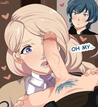 Rule 34 | 1boy, 1girl, absurdres, blonde hair, blue eyes, blue hair, blush, male byleth (fire emblem), capelet, cut-in, english text, fellatio, fire emblem, fire emblem: three houses, hand on another's hip, heart, hetero, highres, imminent fellatio, karbuitt, large penis, long hair, mercedes von martritz, nintendo, open mouth, oral, penis, penis on face, pov, pubic hair, uncensored
