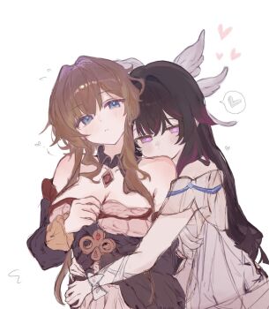 Rule 34 | 2girls, black collar, black dress, black hair, black sleeves, blue eyes, blush, bright pupils, collar, columbina (genshin impact), commentary, detached collar, detached sleeves, dress, flying sweatdrops, gem, genshin impact, hair ornament, hashtag-only commentary, head tilt, head wings, heart, highres, hug, hug from behind, kissing shoulder, long hair, multicolored hair, multiple girls, purple eyes, purple hair, purple streaks, red gem, sandrone (genshin impact), short hair with long locks, simple background, sketch, spoken heart, strapless, strapless dress, sui h2so, two-tone hair, unusually open eyes, upper body, white background, white dress, wing hair ornament, wings, yuri