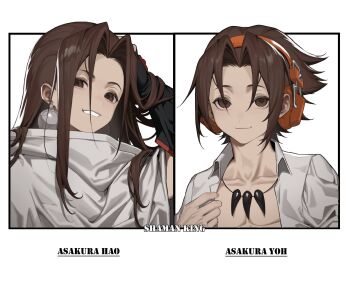 Rule 34 | 2boys, asakura hao, asakura yoh, black gloves, brothers, brown eyes, brown hair, cbow, character name, closed mouth, collarbone, collared shirt, commentary request, curtained hair, earrings, fullmetal alchemist, gloves, hand on own head, headphones, highres, jewelry, long hair, male focus, multiple boys, necklace, open clothes, open shirt, shirt, short hair, siblings, simple background, smile, teeth, tooth necklace, twins, white background, white shirt