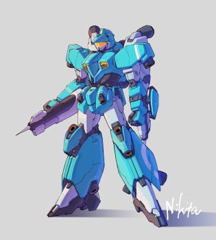 Rule 34 | absurdres, color variation, earth federation, gundam, highres, javelin (gundam), kawatanikisaku, mecha, mecha focus, mobile suit, no humans, robot, science fiction, shadow, shot lancer, signature, vernier thrusters, victory gundam, weapon, yellow visor