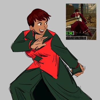 1girl badly_tagged_upload breasts brown_eyes brown_hair dark-skinned_female dark_skin dress earrings female_focus formal_clothes hand_up highres jewelry large_breasts long_sleeves open_mouth short_hair skirt smile smiley_face standing suit tan taunting the_king_of_fighters thighs velvetcobalt vice_(kof)