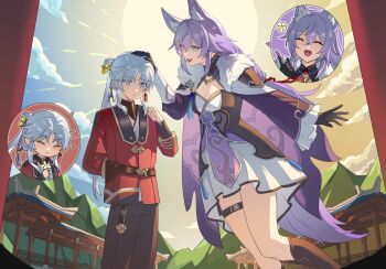 1boy 1girl absurdres age_difference aged_down animal_ears baiheng_(honkai:_star_rail) black_gloves blade_(honkai:_star_rail) breasts chinese_clothes chinese_commentary cleavage cleavage_cutout closed_eyes clothing_cutout cloud cloudy_sky couple dress earrings fengjun872 formal_clothes fox_ears fox_girl fox_tail friends from_side fur_trim gloves green_eyes hair_between_eyes happy height_difference highres honkai:_star_rail honkai_(series) jewelry large_breasts long_hair long_sleeves open_mouth outdoors pants parted_bangs purple_hair sky smile spoken_character standing suit sun sunset tail thighs wavy_hair yingxing_(honkai:_star_rail)