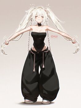 1girl :3 ^_^ alternate_costume bare_arms bare_shoulders black_choker black_leotard black_pants braid choker chui_art closed_eyes commentary english_commentary full_body grey_background hair_intakes highres honkai:_star_rail honkai_(series) leotard long_hair pants shoes solo sparkle_(honkai:_star_rail) sparxie_(honkai:_star_rail) standing strapless strapless_leotard twintails very_long_hair white_hair white_shoes