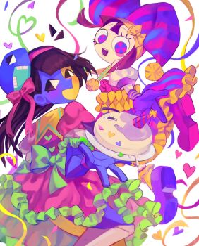 2girls bow cake commentary crossover dress ena_(ena) ena_(series) ena_(web_series) english_commentary food frilled_dress frills hair_bow hat highres jester_cap lolita_fashion mask mask_(ena) mask_on_head moony_(ena) multiple_girls party_hat pomni_(the_amazing_digital_circus) puffy_short_sleeves puffy_sleeves ribbon sad_ena shoes short_sleeves the_amazing_digital_circus usagimarumei voice_actor_connection