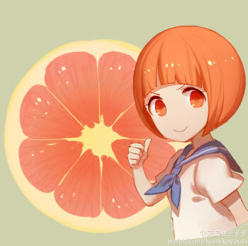 Rule 34 | 1girl, ask (askzy), grapefruit, green background, highres, kill la kill, mankanshoku mako, orange eyes, orange hair, school uniform, shirt, short hair, smile, solo, white shirt