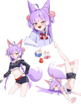 1girl :3 :t absurdres ahoge animal_ear_fluff animal_ears bare_legs barefoot belt black_bra black_shirt black_shorts blowing_bubble_gum blue_shirt blush bow bowtie bra braid braided_twintails buckle chewing_gum choppy_bangs collared_shirt commentary_request cone_hair_bun creature crop_top cropped_legs cropped_shirt cropped_torso cutoffs fallen_down fang fox_ears fox_girl fox_tail green_eyes hair_bun hair_intakes hair_ornament hand_on_own_hip heterochromia highres inari_(tenko_shibuki) korean_commentary long_hair long_sleeves multicolored_hair multiple_views navel off-shoulder_shirt off_shoulder open_mouth orange_eyes pom_pom_(clothes) pom_pom_hair_ornament pout purple_hair purple_tail red_belt red_bow red_bowtie shirt short_shorts shorts simple_background skin_fang small_sweatdrop smile standing stellive stomach streaked_hair tail tank_top tenko_shibuki tiokun7 twin_braids underwear v-shaped_eyebrows virtual_youtuber white_background white_tank_top wing_collar