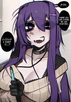 1girl ace_glitch black_choker black_gloves breasts brown_sweater choker cleavage collarbone commentary doki_doki_literature_club double-parted_bangs english_commentary english_text eyelashes gloves grey_background hair_between_eyes hair_ornament hairclip highres holding holding_pen implied_after_masturbation large_breasts long_hair looking_at_viewer open_mouth pearto pen purple_eyes purple_hair pussy_juice sharp_teeth solo speech_bubble sweat sweater talking teeth uneven_eyes upper_body yuri_(doki_doki_literature_club)