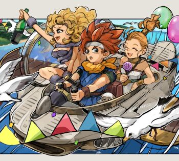 Rule 34 | 1boy, 2girls, arm warmers, artist name, ayla (chrono trigger), balloon, bare arms, bare shoulders, bird, blonde hair, blue eyes, blue tunic, bottle, candy, cavewoman, chrono trigger, closed eyes, commentary request, confetti, crono (chrono trigger), curly hair, epoch, fake tail, flying, food, forehead, headband, highres, holding, holding bottle, holding candy, holding food, holding lollipop, island, katana, lollipop, long hair, looking at viewer, marle (chrono trigger), multiple girls, ocean, open mouth, outdoors, ponytail, red hair, revision, shadow, short hair, sitting, spacecraft, spiked hair, sword, tail, teeth, toned, toned male, tunic, upper body, upper teeth only, uzutanco, v-shaped eyebrows, weapon, white bird, white headband, wine bottle