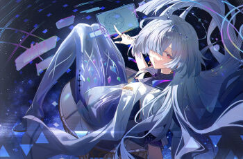 1girl absurdres chinese_commentary colored_eyelashes commentary_request floating_hair grey_hair hair_ornament hair_over_one_eye hair_spread_out halo high_heels highres holographic_interface id_card jacket kanjian_wo_de_jiangyoule_ma long_hair looking_at_viewer looking_to_the_side mornye_(wuthering_waves) parted_lips partial_commentary red_eyes see-through_body solo tacet_mark_(wuthering_waves) turning_head very_long_hair white_jacket wuthering_waves