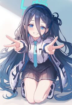 1girl aris_(blue_archive) black_hair black_skirt black_socks blue_archive blue_eyes blue_halo blue_necktie blush collared_shirt commentary_request cutlass_(classic_chocolate) double-parted_bangs double_v full_body grin hair_between_eyes halo highres jacket kneeling long_hair long_hair_between_eyes long_sleeves looking_at_viewer necktie open_clothes open_jacket outstretched_arms pleated_skirt rectangular_halo shirt shoes side_ponytail skirt smile socks solo v very_long_hair white_jacket white_shirt white_shoes