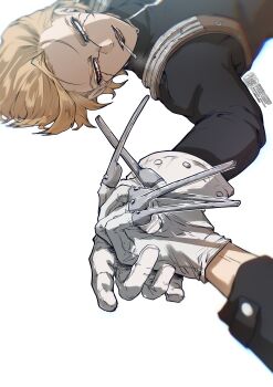 2boys absurdres blonde_hair cigarette dr._stone gloves highres holding holding_hands implied_yaoi long_sleeves looking_at_viewer lying male_focus mitsuru_(aica_hikari) mouth_hold multiple_boys on_back open_mouth out_of_frame red_eyes scar short_hair simple_background smoking solo_focus stanley_snyder_(dr.stone) upper_body white_background white_gloves xeno_(dr.stone)