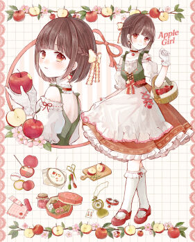 1girl apple apple_earrings apple_print apple_slice apron bare_shoulders blunt_bangs blush bob_cut bow braid branch brown_hair brown_skirt card character_name closed_mouth collar collarbone commentary_request cookie cosmetics cross-laced_clothes crossed_legs cutting_board dot_nose dress_shirt earrings elbow_carry embroidery_hoop flower food food-themed_earrings food_print food_themed_earrings frilled_collar frilled_shirt frills fruit fruit_basket fruit_print full_body glove_bow gloves green_bow green_vest grid_background hair_bow half_up_braid hand_up hands_up highres holding holding_food holding_fruit inset_border jam jar jewelry kneehighs lipstick_tube looking_at_viewer looking_to_the_side makeup_brush makeup_palette mary_janes medium_skirt multiple_views needle off-shoulder_shirt off_shoulder orange_eyes original pastry pastry_box petticoat pink_bow pink_flower playing_card puffy_short_sleeves puffy_sleeves red_bow red_ribbon red_shoes ribbon ribbon_border scissors sewing_needle shirt shoes short_hair short_sleeves single_sidelock skirt skirt_hold smile socks solo standing stopwatch tententuyu tube unworn_collar vest waist_apron waist_bow watch white_apron white_background white_gloves white_socks yellow_bow