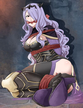 1girl ass barefoot bdsm black_panties black_thighhighs blush bondage bound bound_ankles bound_arms breasts camilla_(fire_emblem) cleavage cleave_gag cloth_gag commentary_request feet fire_emblem fire_emblem_fates foot_focus gag gagged hair_ornament hair_over_one_eye highres improvised_gag in_cell knot_gag long_hair looking_at_viewer lost_one_zero medium_breasts nail_polish nintendo panties purple_eyes purple_hair purple_nails rope sitting soles solo thighhighs toeless_legwear toenail_polish toenails toes torch underwear veil