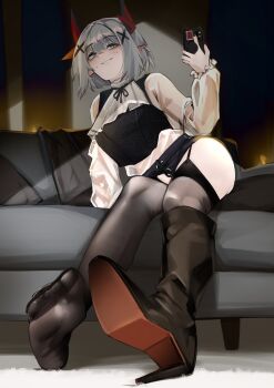 1girl absurdres blush boots cellphone couch feet freckles garter_straps grey_eyes grey_hair highres indie_virtual_youtuber looking_at_viewer medium_hair parted_lips phone pointy_ears pupi_(rain_prophet) see-through_clothes see-through_legwear shoes single_shoe sitting smartphone smile soles thighhighs toes viscerae_(vtuber)