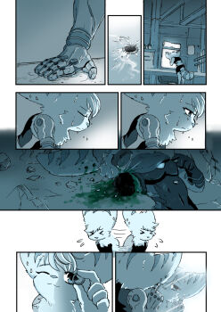 1girl alien animal_ears blood breasts comic dismemberment earrings flashback furry highres jewelry mechanical_arms ratchet_&amp;_clank ratchet_&amp;_clank:_rift_apart rivet_(ratchet_&amp;_clank) single_mechanical_arm striped_tail tail