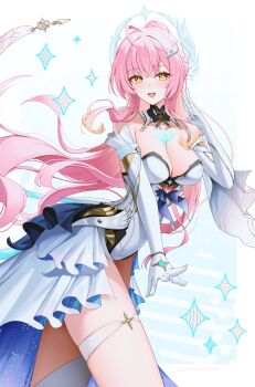 1girl absurdres aemeath_(wuthering_waves) ahoge bare_shoulders blush breasts cleavage collarbone commentary elbow_gloves gloves hair_ornament highres leotard long_hair looking_at_viewer medium_breasts open_mouth pink_hair ponytail showgirl_skirt simple_background sinonomemikann skirt smile solo strapless strapless_leotard tacet_mark_(wuthering_waves) thighs v very_long_hair white_background white_gloves white_leotard white_skirt wuthering_waves