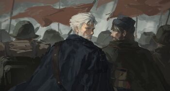 Rule 34 | 2boys, 5others, black coat, black hat, brown hair, cape, character request, coat, combat helmet, commentary, english commentary, flag, from behind, fur hat, grey cape, grey sky, hat, helmet, igor (reverse:1999), lefthgir, looking at viewer, looking back, looking to the side, male focus, mature male, multiple boys, multiple others, old, old man, profile, reverse:1999, short hair, sky, soldier, turning head, upper body, white beard, white hair