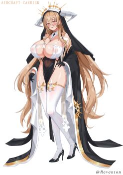 1girl absurdres areola_slip artist_name azur_lane bare_shoulders black_gloves black_shoes blonde_hair breast_cutout breasts chinese_commentary cleavage commentary_request covered_erect_nipples covered_navel dress fake_horns full_body gloves habit hair_between_eyes half_gloves hand_on_own_hip high_heels highres horns huge_breasts implacable_(azur_lane) long_hair long_hair_between_eyes long_sleeves looking_at_viewer no_panties nun pelvic_curtain red_eyes revealing_clothes reventon shiny_skin shoes simple_background solo thighhighs two-tone_dress variant_set very_long_hair white_background white_horns white_thighhighs wide_sleeves