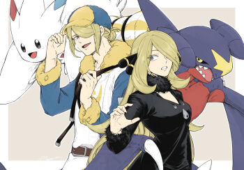 1boy 1girl a_nori black_coat blonde_hair coat commentary_request cynthia_(pokemon) garchomp gen_4_pokemon grey_eyes hair_ornament hair_over_one_eye hat long_hair long_sleeves looking_at_another nintendo pokemon pokemon_(creature) pokemon_dppt pokemon_legends:_arceus togekiss upper_body volo_(pokemon)
